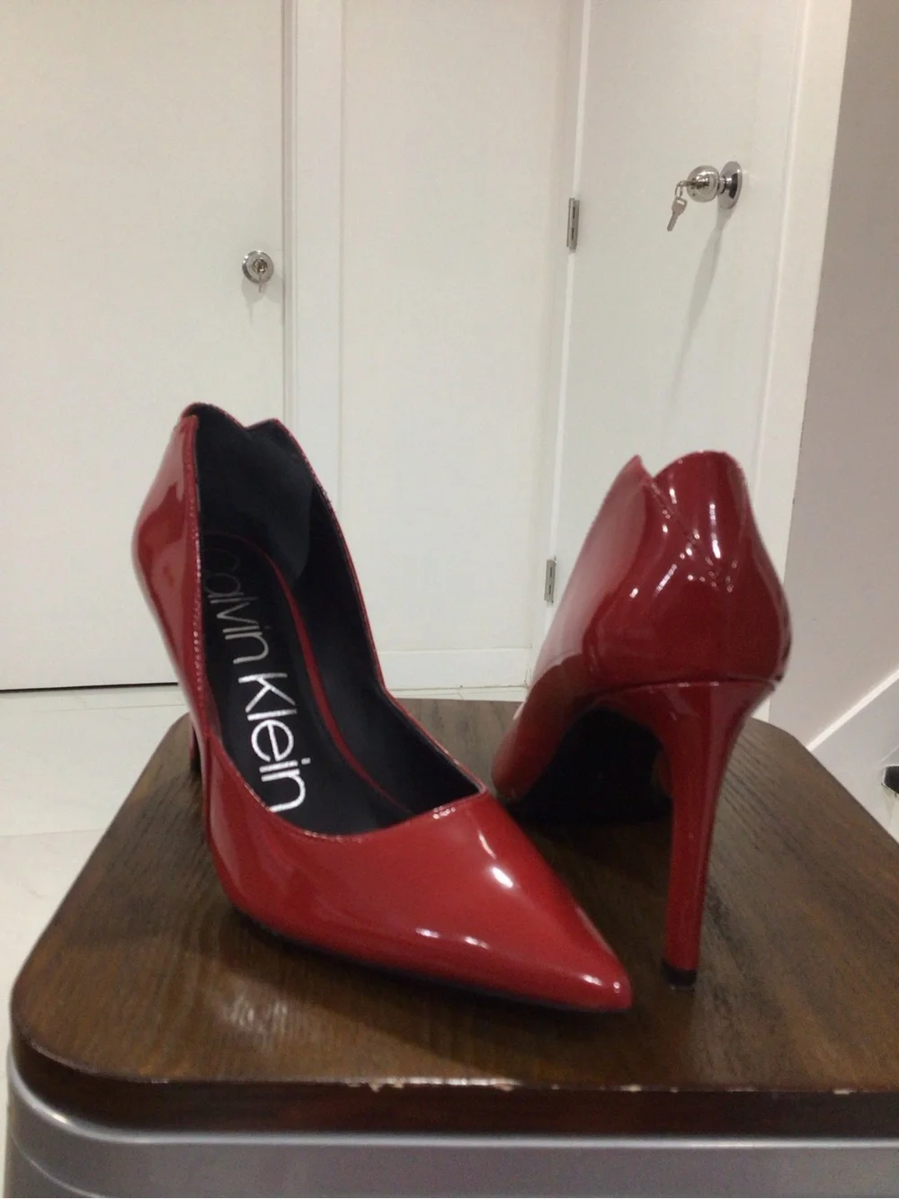 Calvin Klein Red Patent Pointed-Toe Pumps with Stiletto Heel